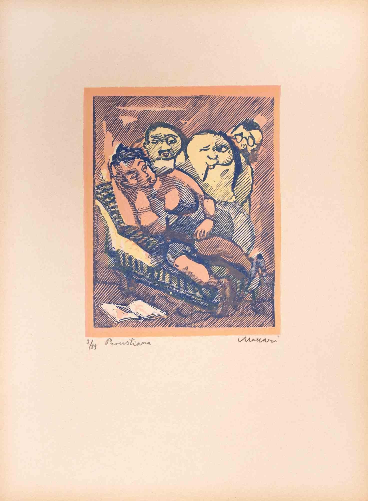 Proustian (Proustiana) is an Artwork realized by Mino Maccari  (1924-1989) in the Mid-20th Century.

Colored woodcut on paper. Hand-signed on the lower, numbered 2/89 specimens and titled on the left margin.

Good conditions.

Mino Maccari (Siena,