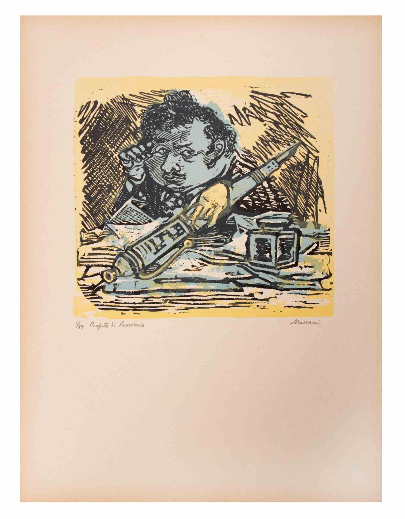 Provincial Predictor (Profeta di Provincia) ist ein Kunstwerk von Mino Maccari (1924-1989) aus der Mitte des 20. Jahrhunderts.

Farbiger Holzschnitt auf Papier. Unten handsigniert, nummeriert 1/89 Exemplare und am linken Rand betitelt.

Gute