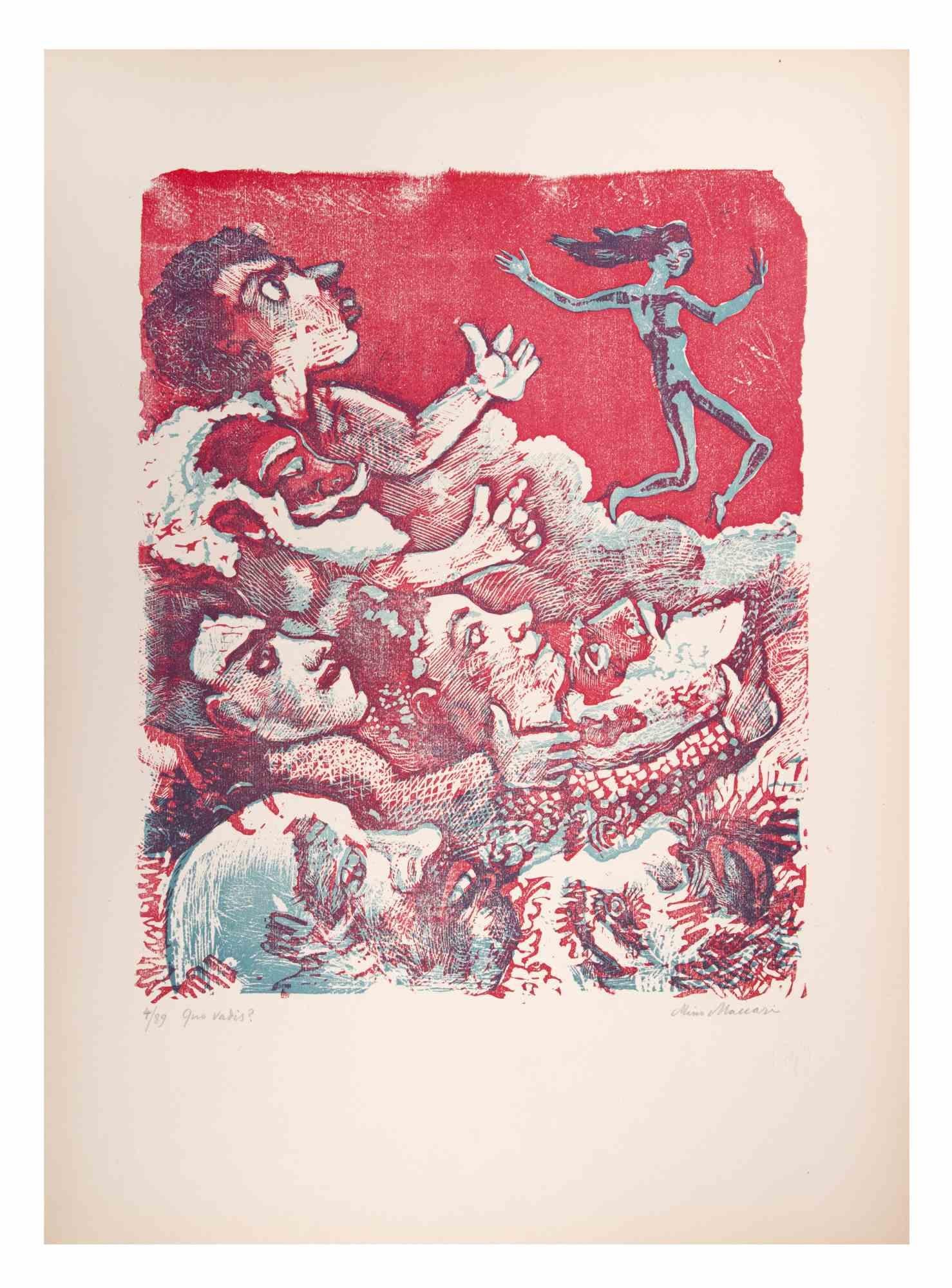 Quo Vadis? is an Artwork realized by Mino Maccari  (1924-1989) in the Mid-20th Century.

Colored woodcut on paper. Hand-signed on the lower, numbered 4/89 specimens and titled on the left margin.

Good conditions.

Mino Maccari (Siena, 1924-Rome,
