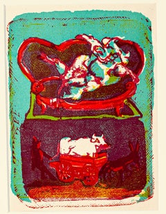Vintage Relaxing Bull - Original Woodcut Print by Mino Maccari - Mid 20th Century