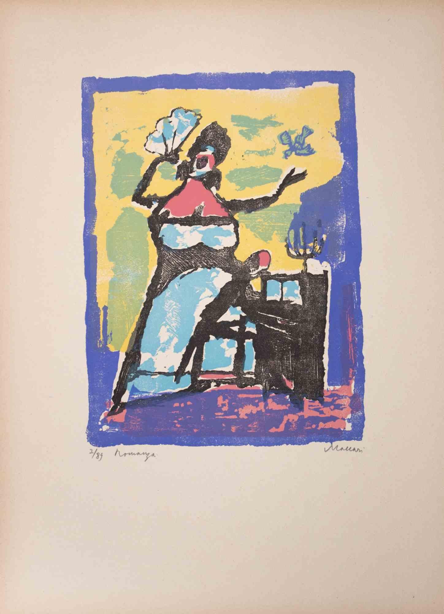Romance ist ein Kunstwerk von Mino Maccari (1924-1989) aus der Mitte des 20. Jahrhunderts.

Farbiger Holzschnitt auf Papier. Unten handsigniert, nummeriert 2/89 Exemplare und am linken Rand betitelt.

Gute Bedingungen.

Mino Maccari (Siena,