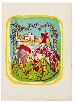 Rooster – Holzschnitt von Mino Maccari – Mitte des 20. Jahrhunderts