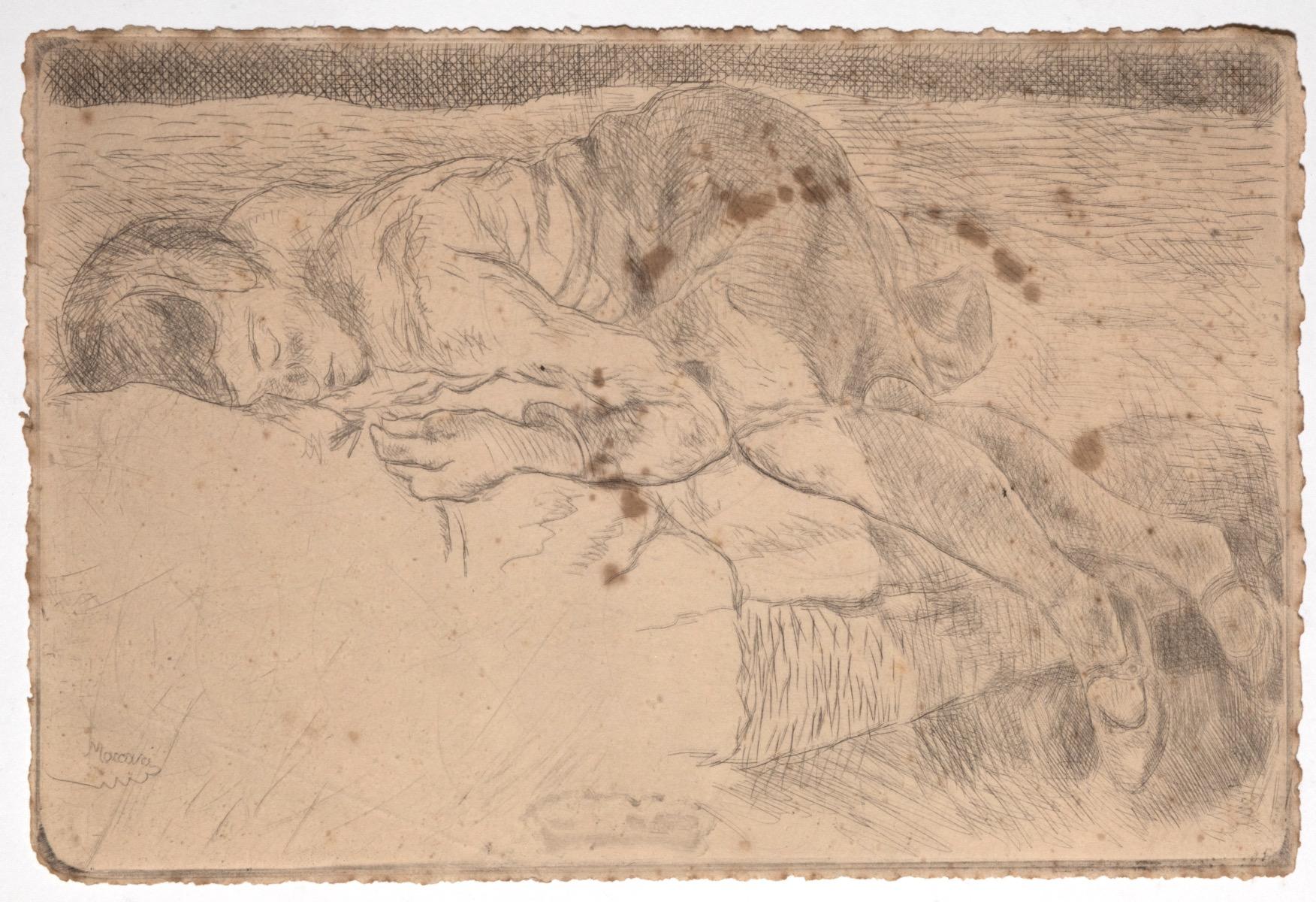 Sleeping Figure ist ein originelles modernes Kunstwerk des italienischen Künstlers Mino Maccari (Siena, 1898 - Rom, 1989) aus dem Jahr 1925.

Original-Radierung auf Elfenbeinpapier. 

Ausgezeichnete Bedingungen. 

Dieses Werk wurde von dem