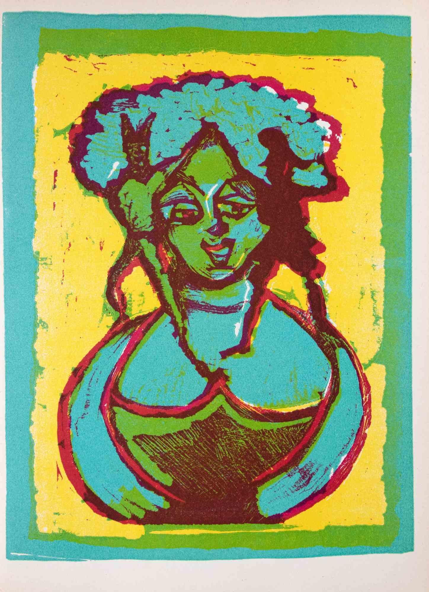 Mujer sonriente - Linograbado de Mino Maccari - 1951