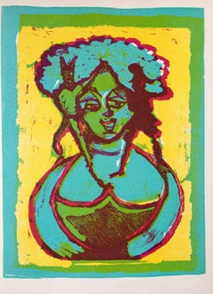 Mujer sonriente - Linograbado de Mino Maccari - 1951