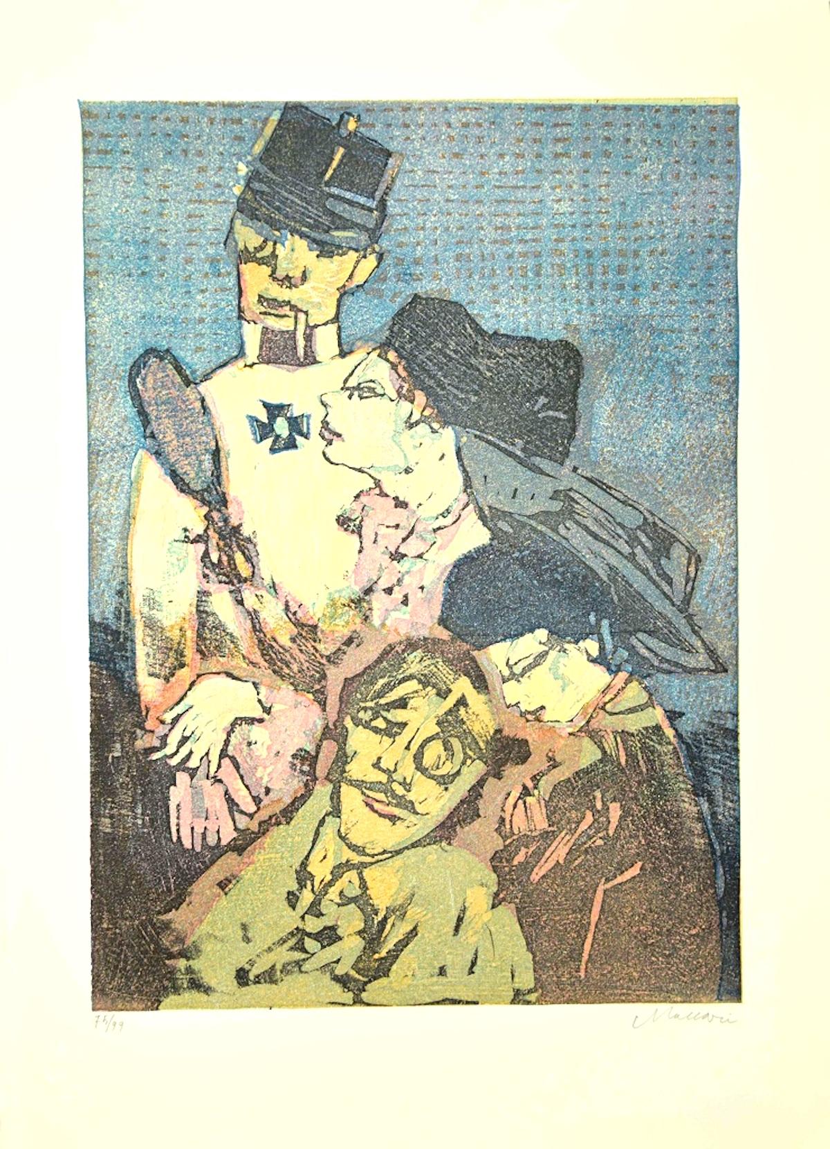 Soldier and Women - Woodcut by Mino Maccari - 1960s