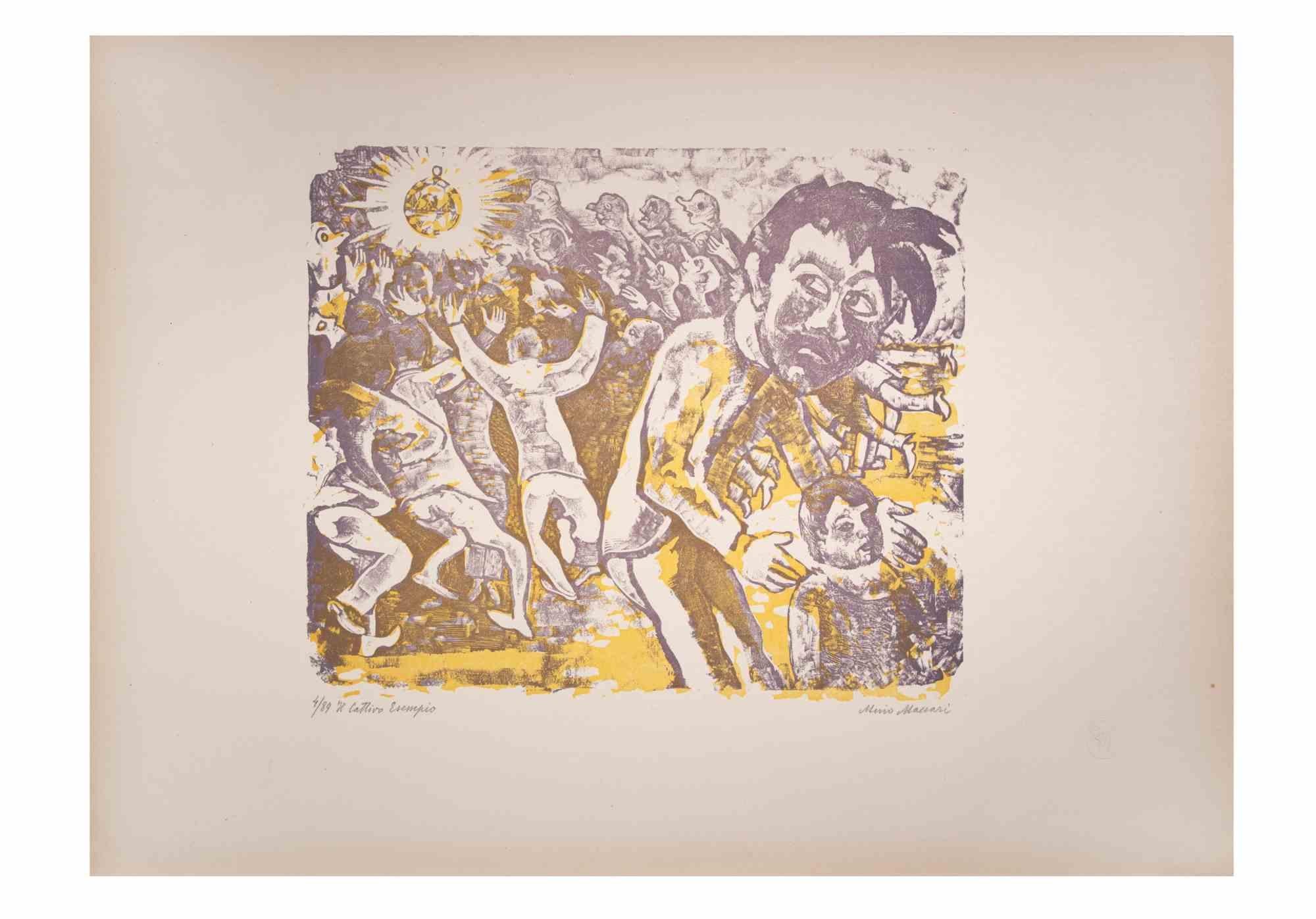 The bad influence is an Artwork realized by Mino Maccari  (1924-1989) in the Mid-20th Century.

Colored woodcut on paper. Hand-signed on the lower, numbered 4/89 specimens and titled on the left margin.

Good conditions.

Mino Maccari (Siena,