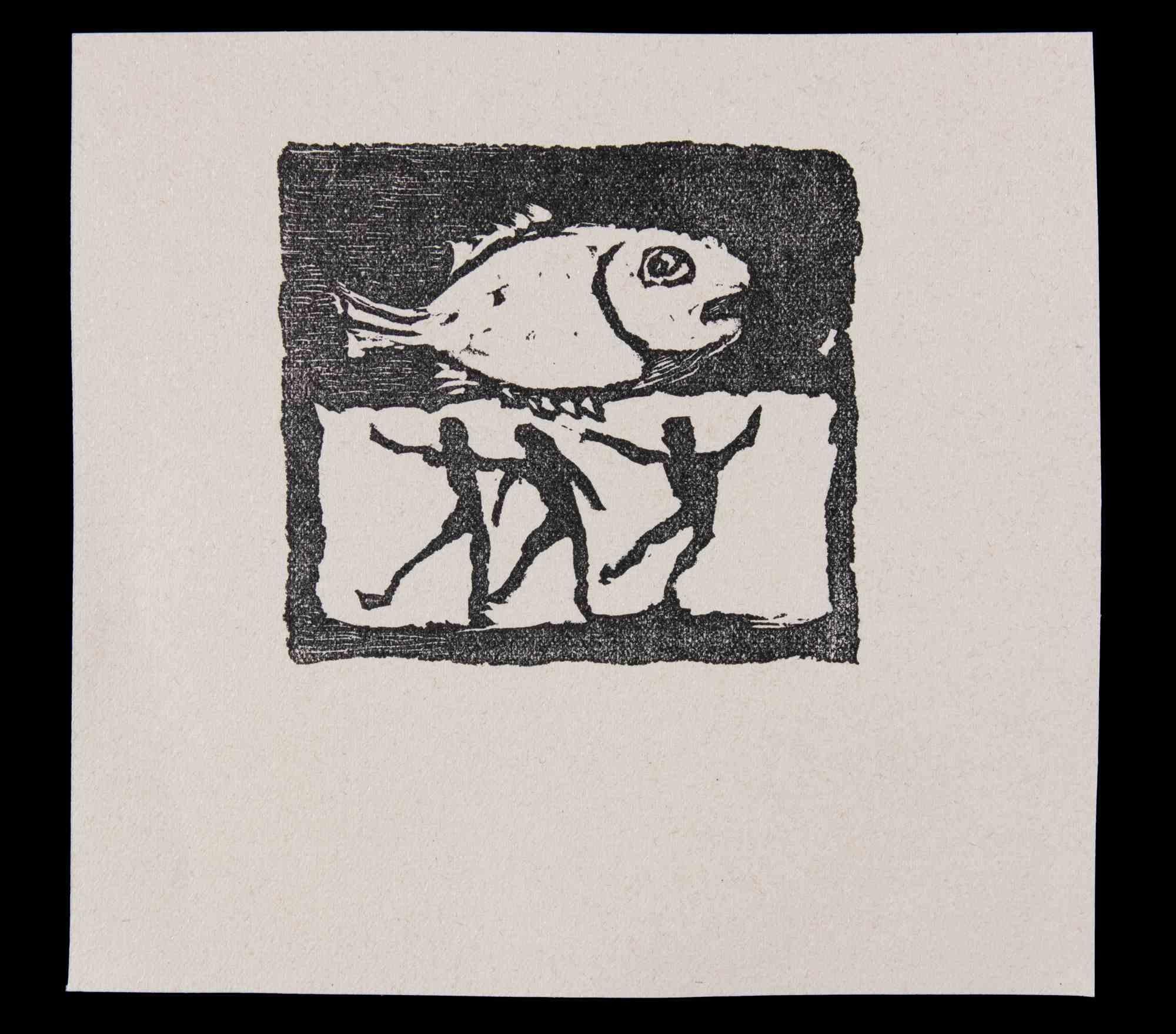 The Big Fish- Linocut by Mino Maccari - 1951