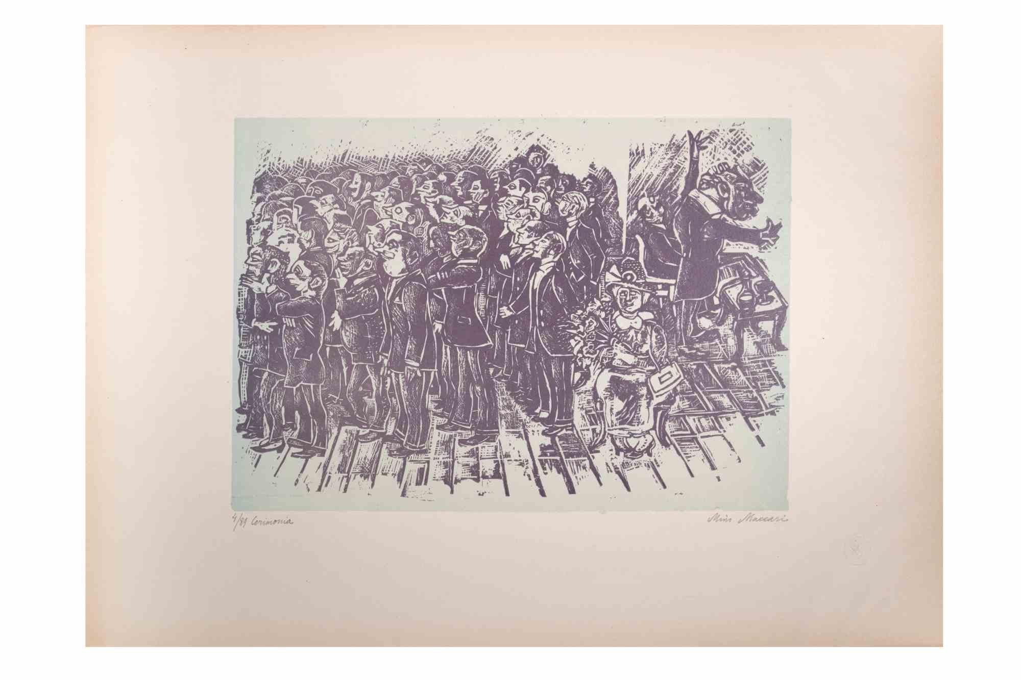 The Ceremony is an Artwork realized by Mino Maccari  (1924-1989) in the Mid-20th Century.

Colored woodcut on paper. Hand-signed on the lower, numbered 4/89 specimens and titled on the left margin.

Good conditions.

Mino Maccari (Siena, 1924-Rome,