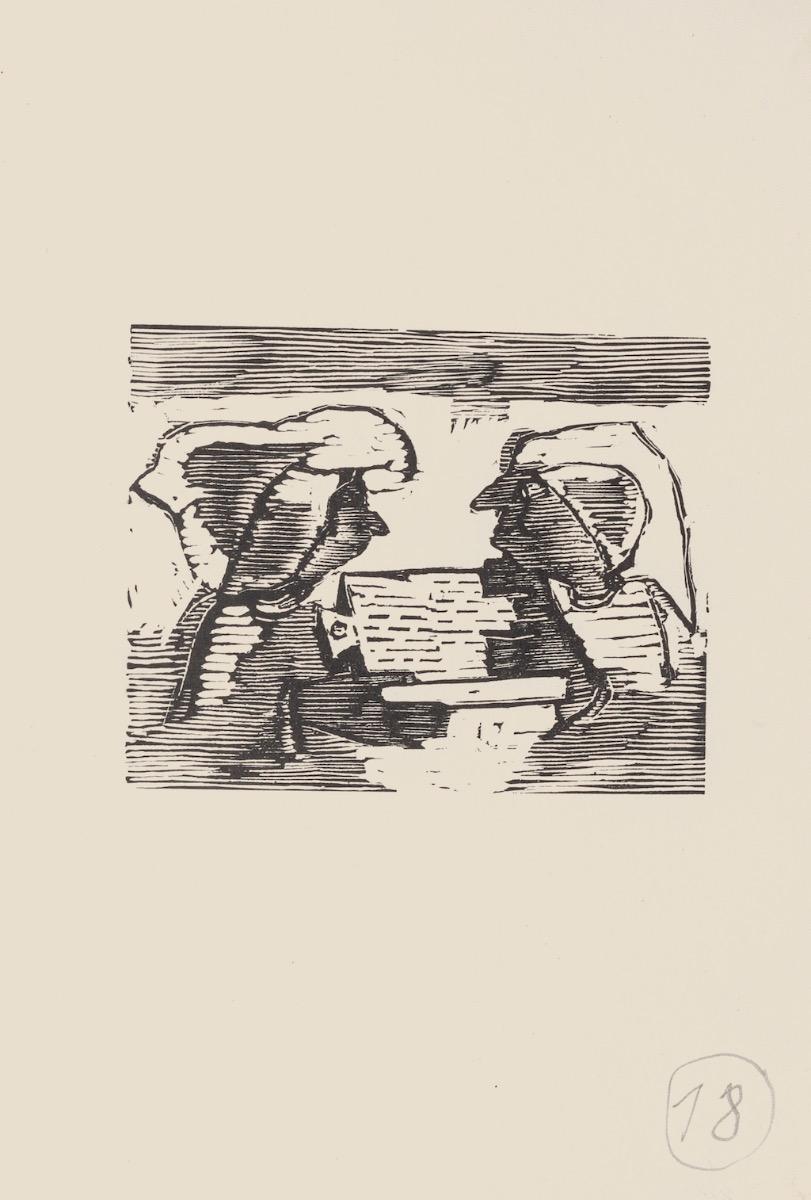 The Conversation is an original modern artwork realized in the mid-20th Century by the Italian artist Mino Maccari (Siena, 1898 - Rome, 1989).

Original woodcut on paper.

Very good conditions.

The artwork represents two figures in black and white,