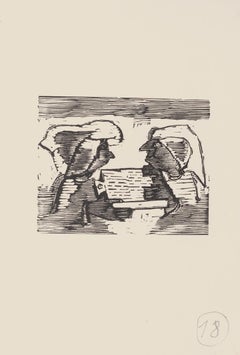 The Conversation - Original Woodcut on Paper by Mino Maccari - Mid-20th Century