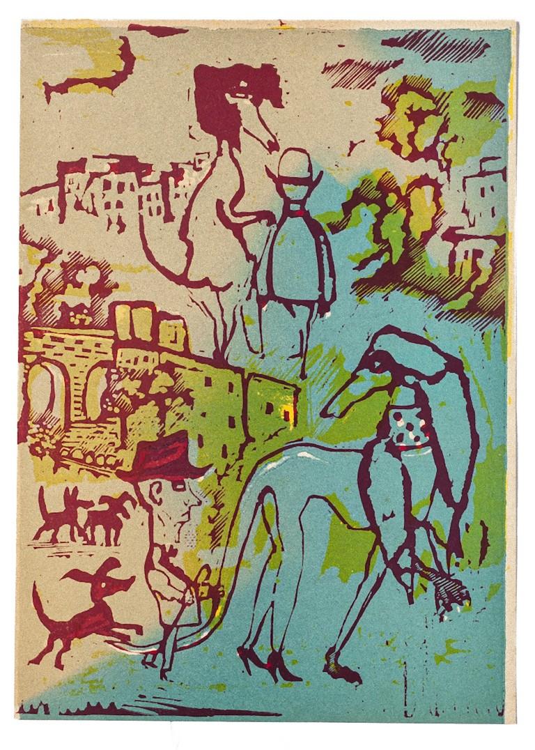 "The Creatures and Man" is an original woodcut print realized by Mino Maccari (1898-1989).

In good conditions.

This artwork represents the beautiful scenery of man and creatures, a fantasy scenery in a well-balanced composition by confident