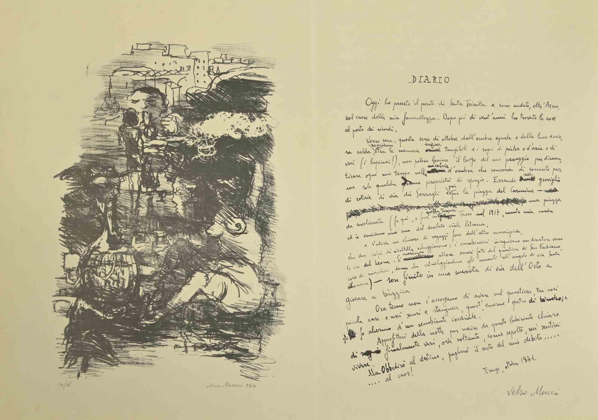 Das Tagebuch ist ein modernes Kunstwerk von Mino Maccari und Velso Mucci aus den Jahren 1944-1947.

Schwarz-Weiß-Lithographie von Maccari realisiert und ein Test von Valso Mucci in italienischer Sprache auf der zweiten Seite geschrieben.

Die