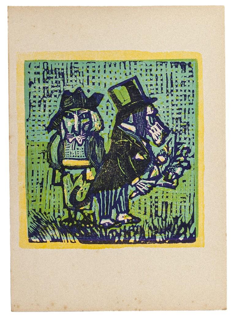 "The Dogs" is an original woodcut print realized by Mino Maccari (1898-1989).

In Good conditions, except for very small foxing along the margins which does not affect the image.

This artwork represents a two man-like dogs one of them with a bunch