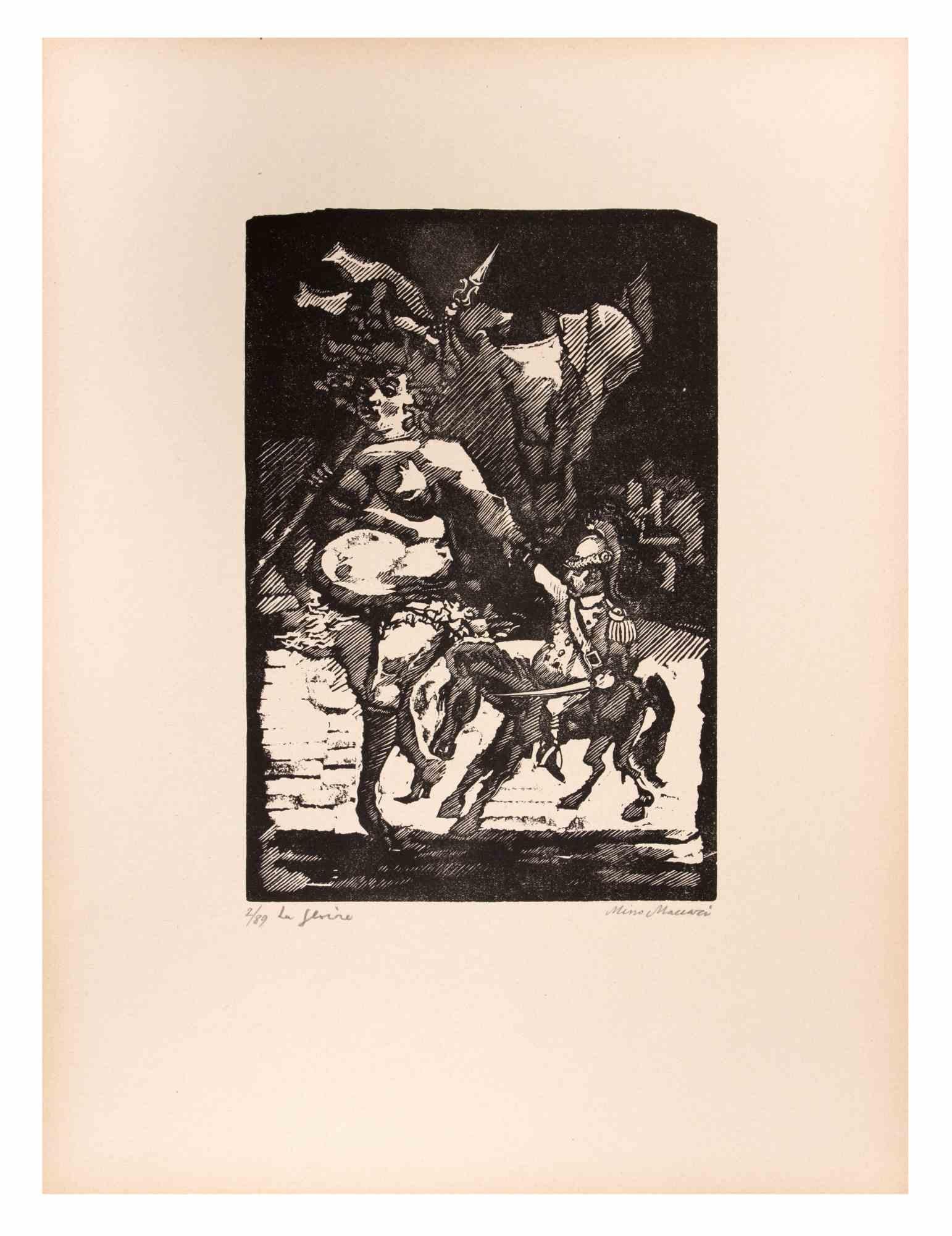 Der Ruhm ist ein Kunstwerk von Mino Maccari (1924-1989) aus der Mitte des 20. Jahrhunderts.

B./W. Holzschnitt auf Papier. Unten handsigniert, nummeriert 2/89 Exemplare und am linken Rand betitelt.

Gute Bedingungen.

Mino Maccari (Siena, 1924-Rom,