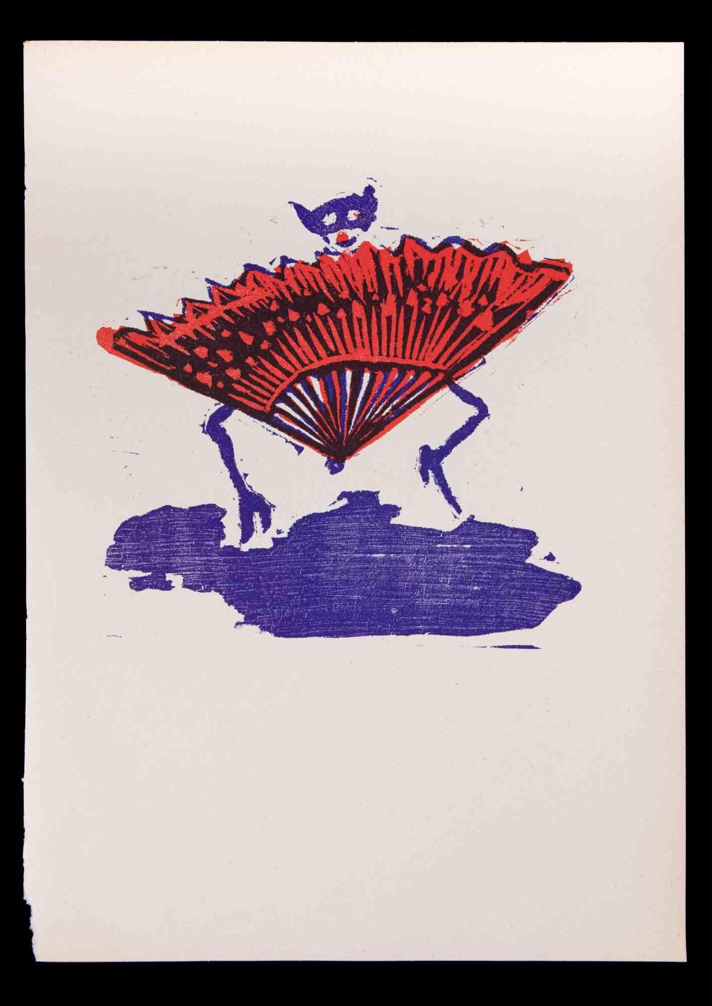 The Fan - Original Linocut by Mino Maccari - 1951