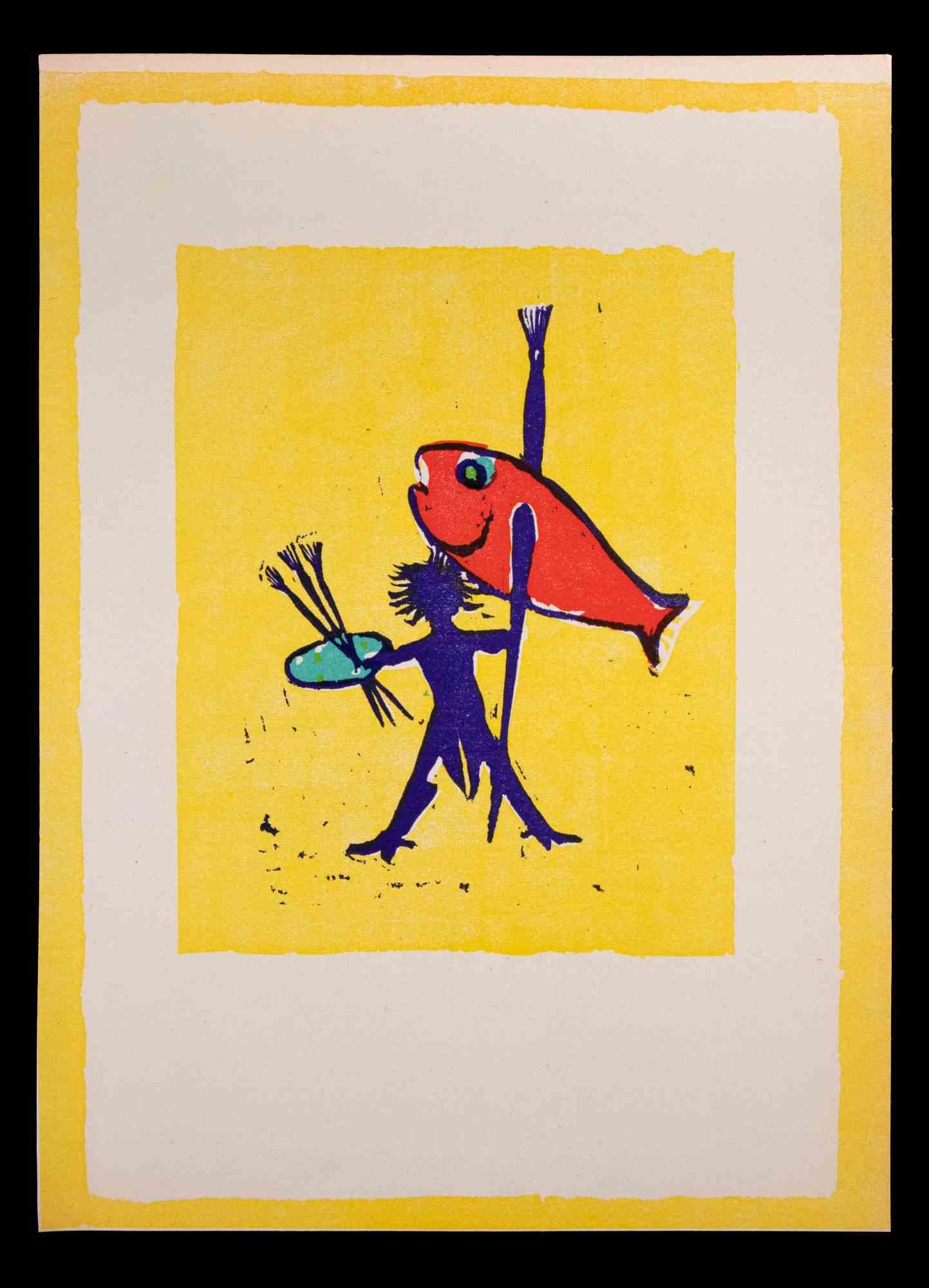 The Fisherman Painter - Original Linocut by Mino Maccari - 1951
