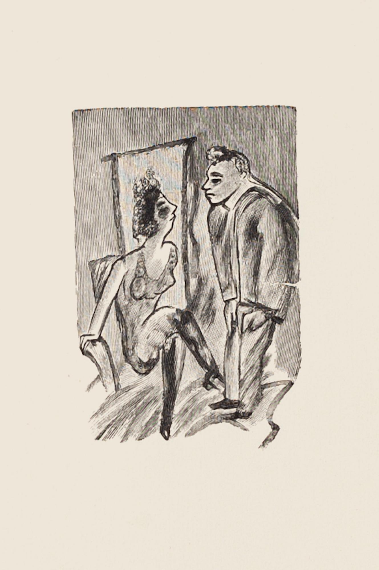 La Mirada es una obra original de zincografía realizada por Mino Maccari.

Incluye un Passepartout blanco: 49 x 34

El estado de conservación es muy bueno.

La obra representa a un hombre y una mujer mirándose, un estilo satírico de la creación de