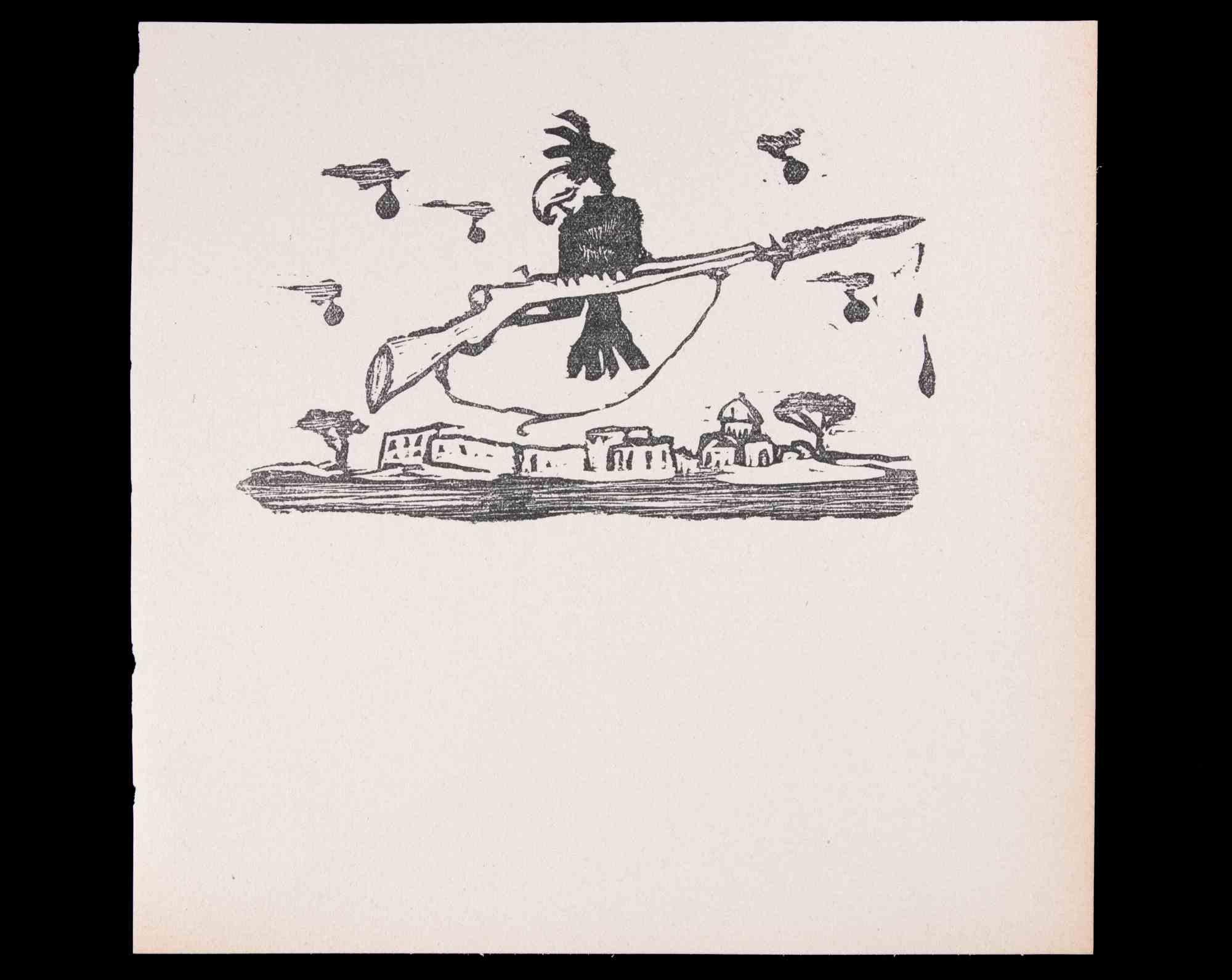 The Gunner Bird - Linocut by Mino Maccari - 1951
