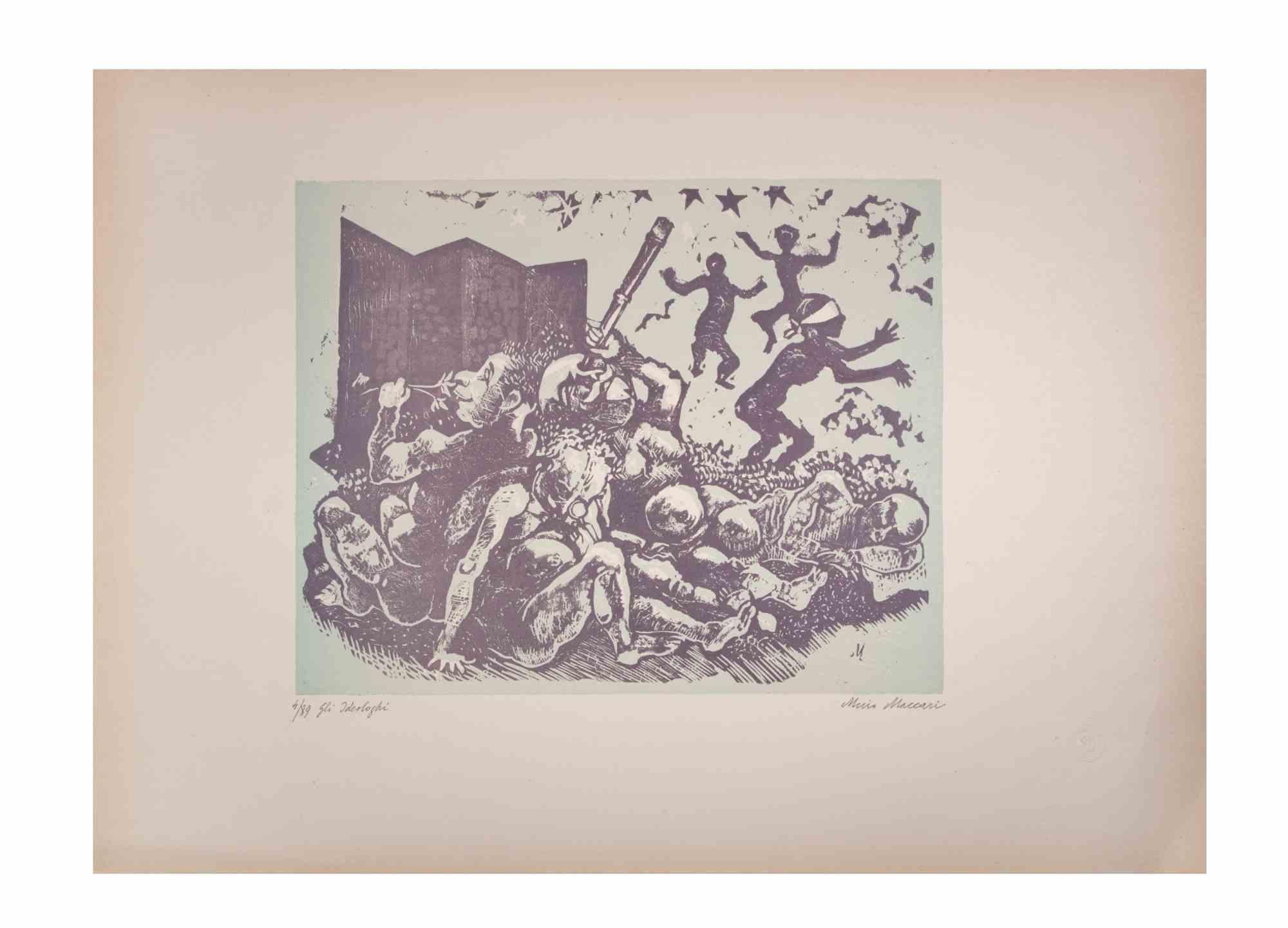 The Ideologues is an Artwork realized by Mino Maccari  (1924-1989) in the Mid-20th Century.

Colored woodcut on paper. Hand-signed on the lower, numbered 4/89 specimens and titled on the left margin.

Good conditions.

Mino Maccari (Siena,