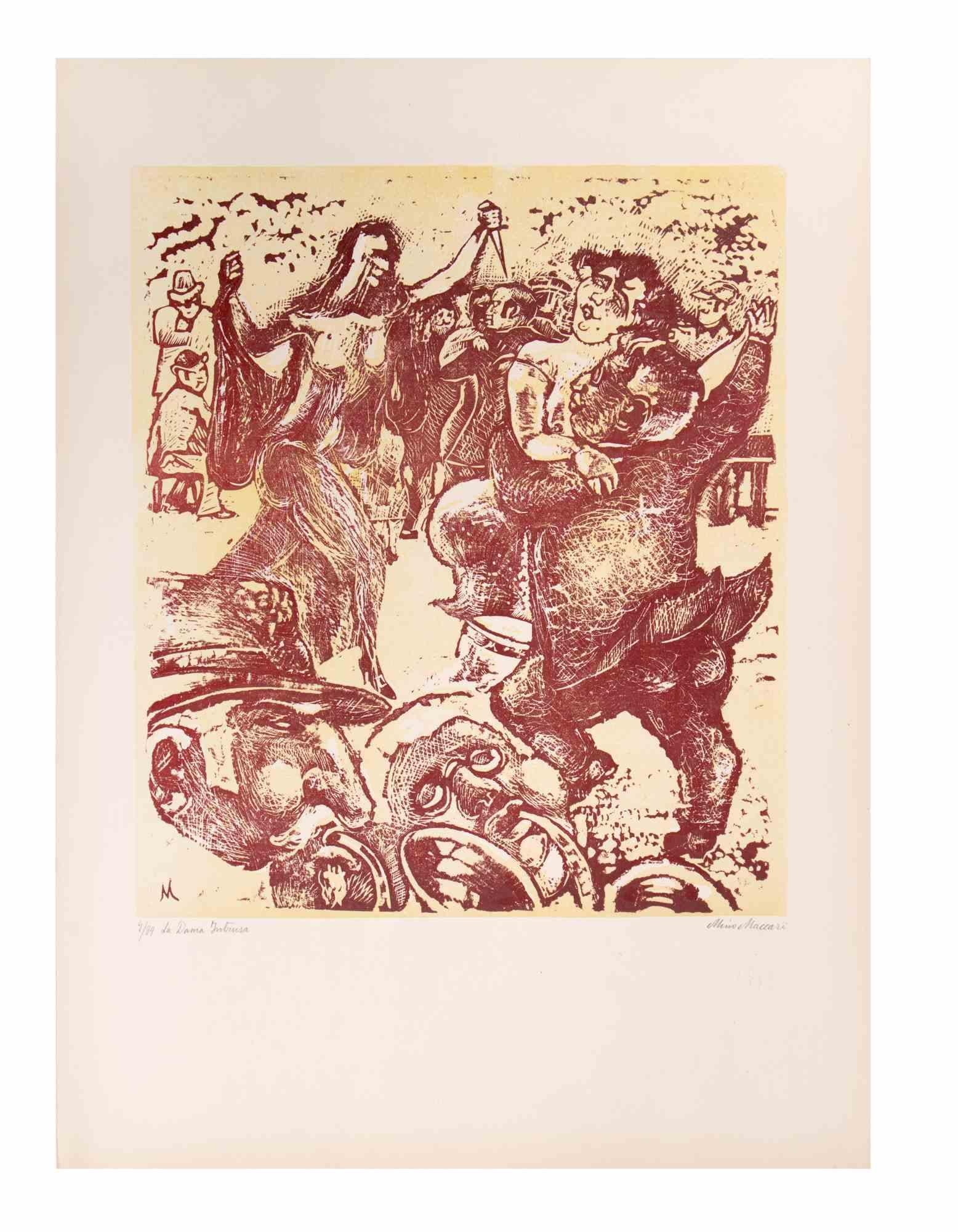 The Intruder Lady is an Artwork realized by Mino Maccari  (1924-1989) in the Mid-20th Century.

Colored woodcut on paper. Hand-signed on the lower, numbered 4/89 specimens and titled on the left margin.

Good conditions.

Mino Maccari (Siena,