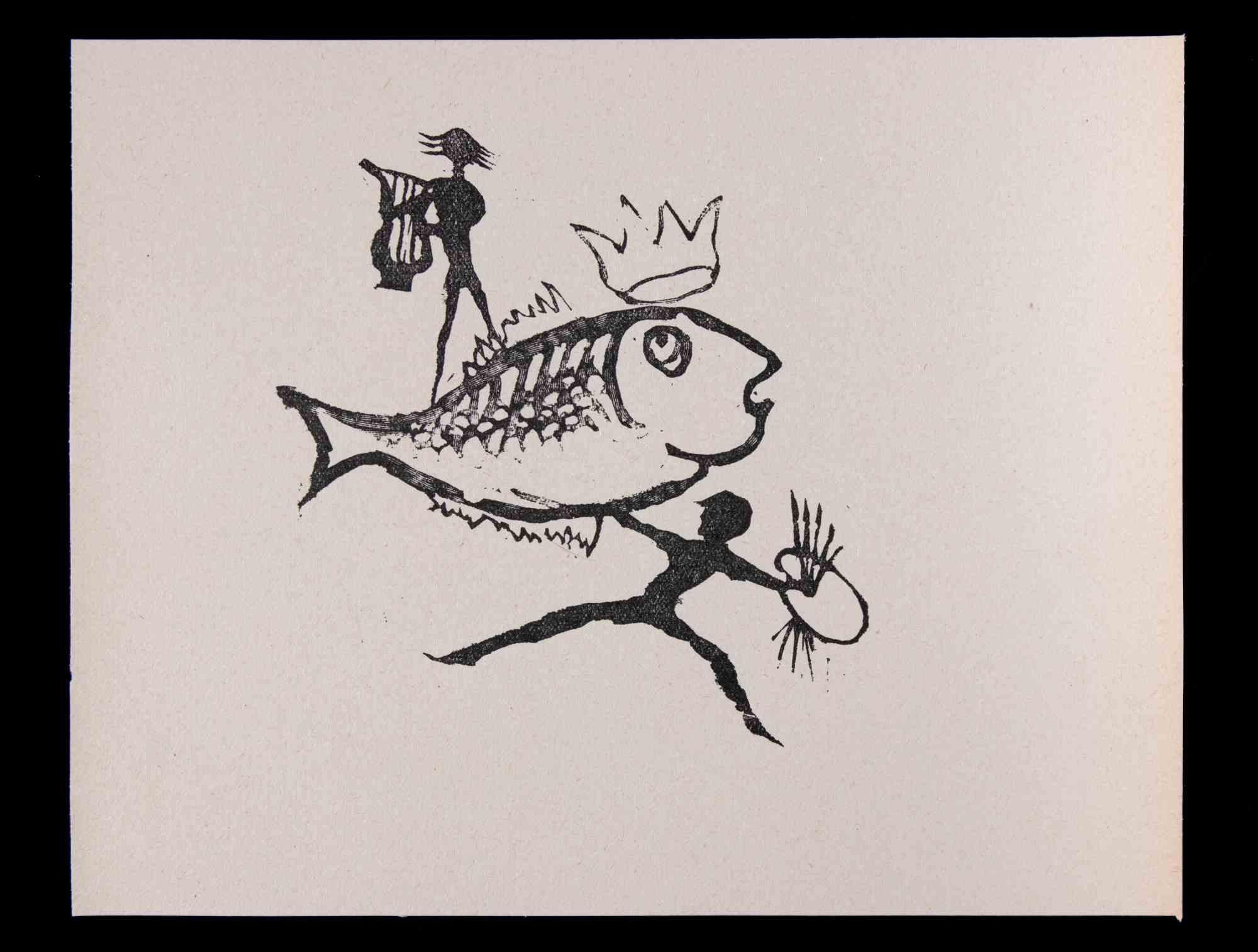 The King Fish and The Arts -  Linocut by Mino Maccari - 1951