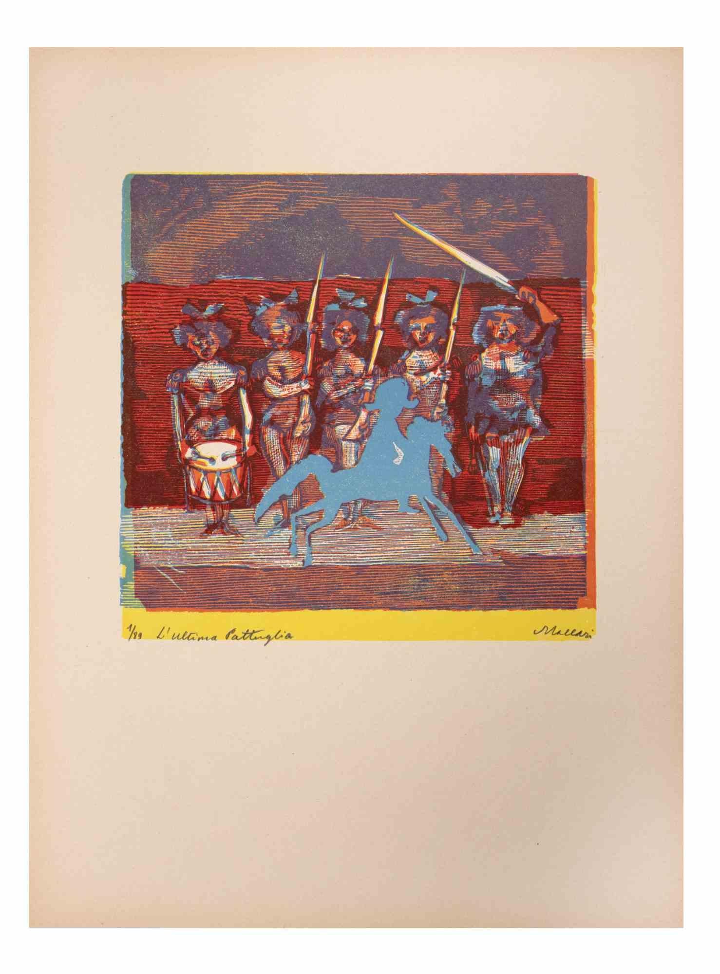 The Last Fight is an Artwork realized by Mino Maccari  (1924-1989) in the Mid-20th Century.

Colored woodcut on paper. Hand-signed on the lower, numbered 1/89 specimens and titled on the left margin.

Good conditions.

Mino Maccari (Siena,