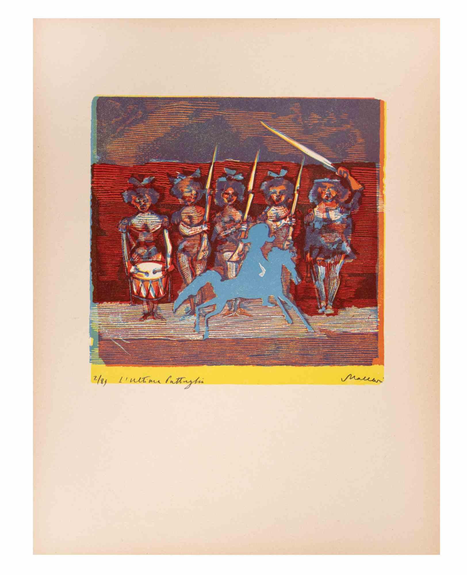 The Last Fight is an Artwork realized by Mino Maccari  (1924-1989) in the Mid-20th Century.

Colored woodcut on paper. Hand-signed on the lower, numbered 2/89 specimens and titled on the left margin.

Good conditions.

Mino Maccari (Siena,