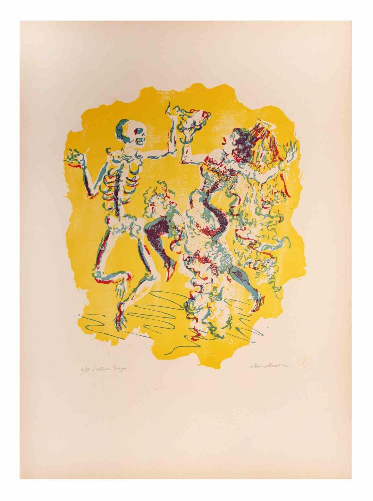 Le dernier tango est une œuvre d'art réalisée par Mino Maccari (1924-1989) au milieu du 20e siècle.

Gravure sur bois colorée sur papier. Signé à la main dans la partie inférieure, numéroté 4/89 exemplaires et titré dans la marge gauche.

Bonnes