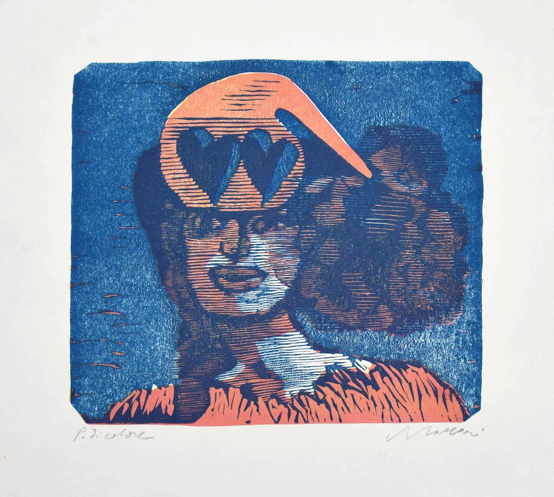 "The Love"  is an original woodcut artwork realized by Mino Maccari (1898-1989).

Hand-signed on the lower left in pencil.

In excellent conditions.

This artwork represents a woman's face with two hearts on her head in a chemical container in an