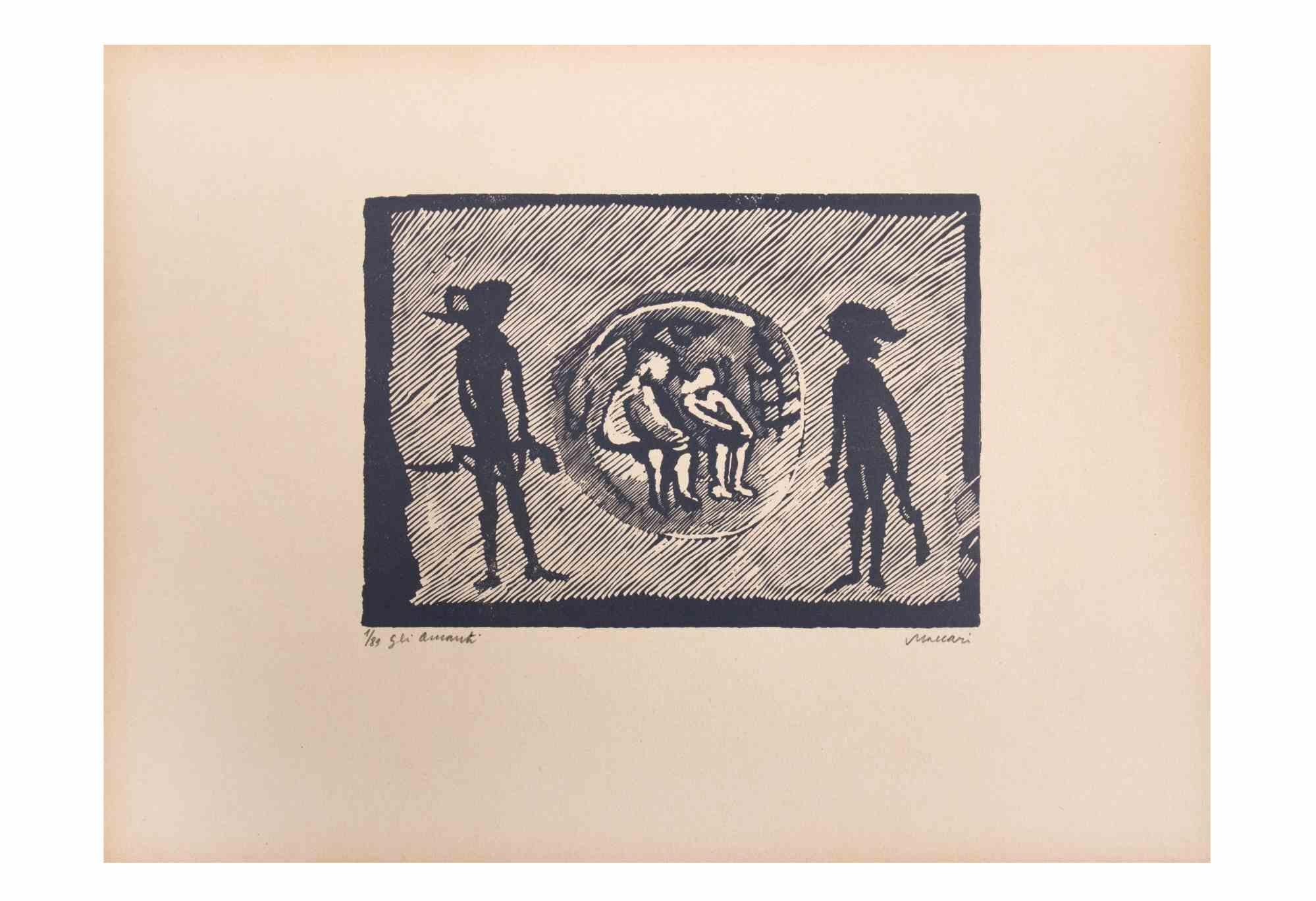 Les amants est une œuvre d'art réalisée par Mino Maccari (1924-1989) au milieu du 20e siècle.

Gravure sur bois sur papier. Signé à la main dans le coin inférieur droit. Numéroté 1/89 exemplaires et titré dans la marge gauche.

Bonnes