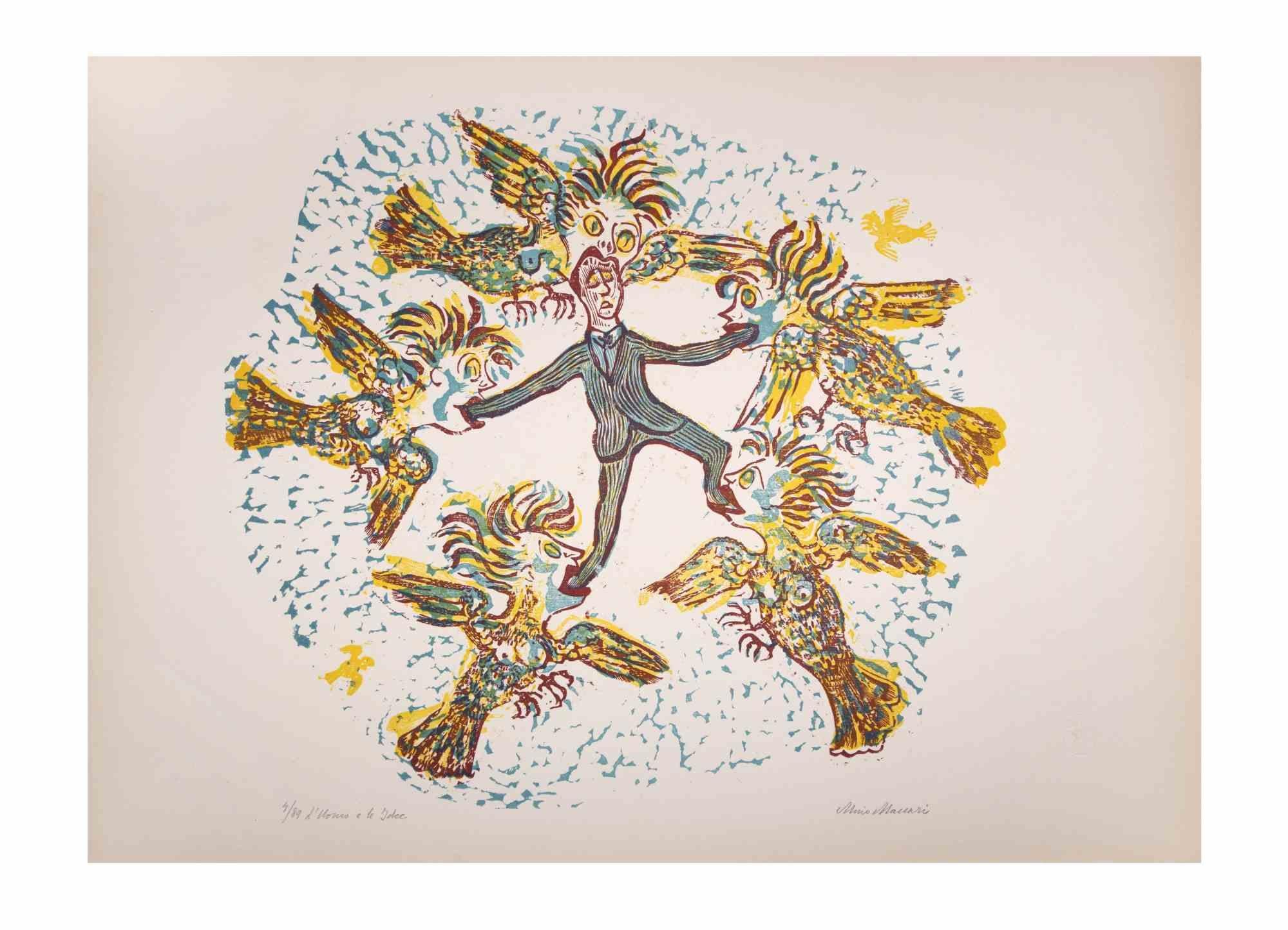 The man and the ideas is an Artwork realized by Mino Maccari  (1924-1989) in the Mid-20th Century.

Colored woodcut on paper. Hand-signed on the lower, numbered 4/89 specimens and titled on the left margin.

Good conditions.

Mino Maccari (Siena,
