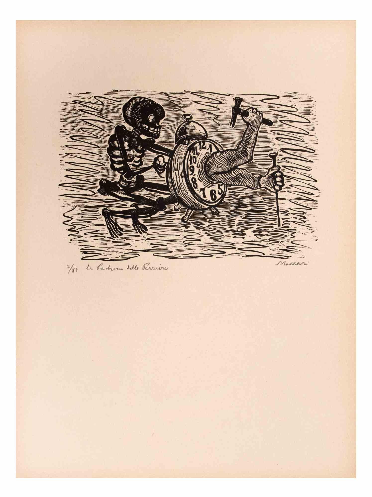 The Mistress is an Artwork realized by Mino Maccari  (1924-1989) in the Mid-20th Century.

B./W. Woodcut on paper. Hand-signed on the lower, numbered 2/89 specimens and titled on the left margin.

Good conditions.

Mino Maccari (Siena, 1924-Rome,