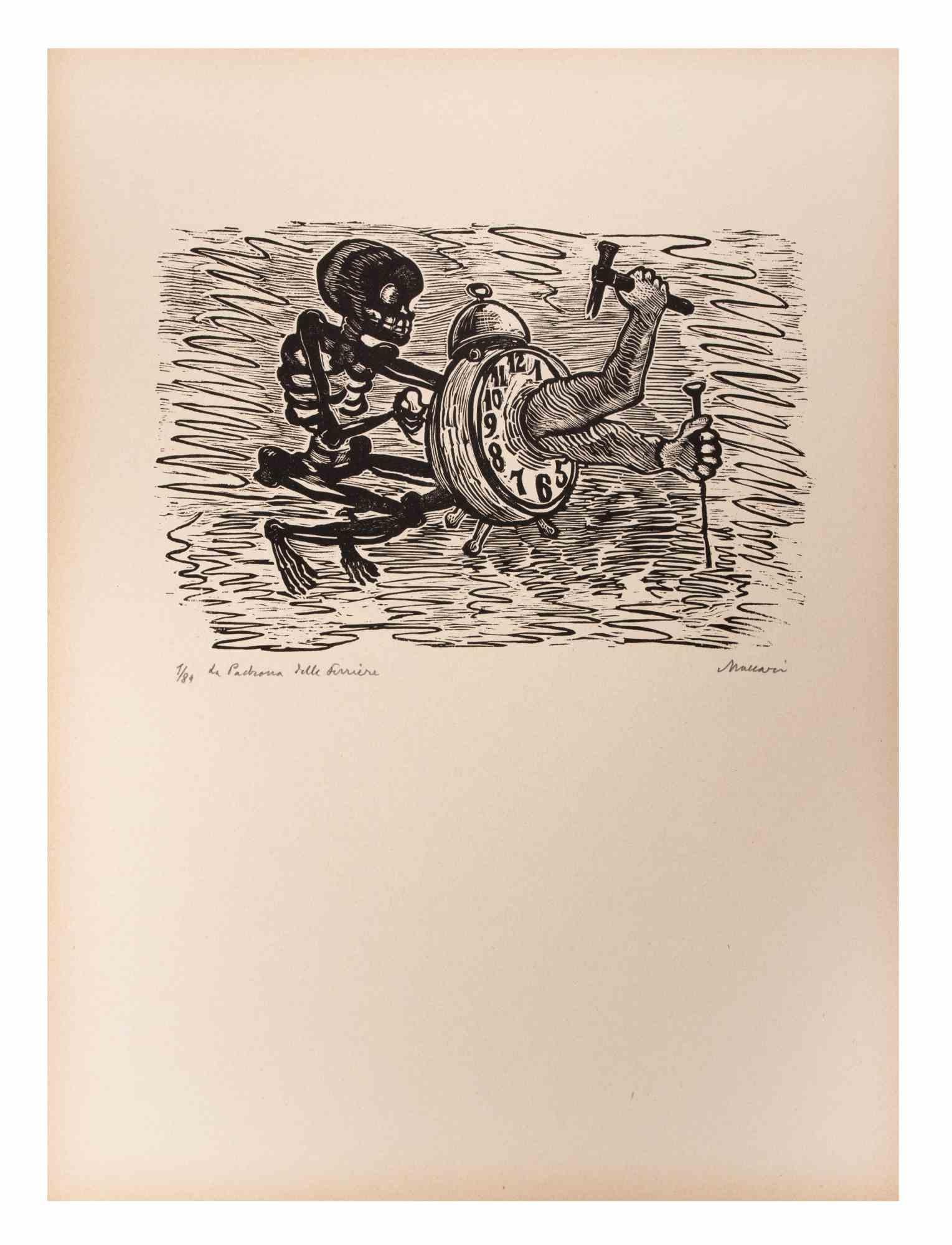 The Mistress is an Artwork realized by Mino Maccari  (1924-1989) in the Mid-20th Century.

B./W. Woodcut on paper. Hand-signed on the lower, numbered 1/89 specimens and titled on the left margin.

Good conditions.

Mino Maccari (Siena, 1924-Rome,