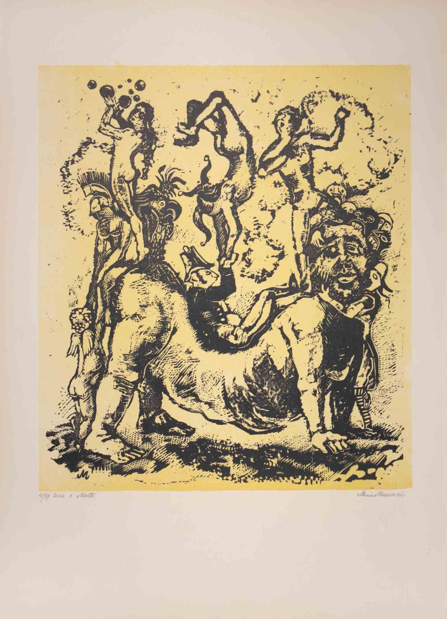 The One and the Many is an Artwork realized by Mino Maccari  (1924-1989) in 1943.

Colored woodcut on paper. Hand-signed on the lower, numbered 4/89 specimens and titled on the left margin.

Good conditions.

Mino Maccari (Siena, 1924-Rome, June 16,