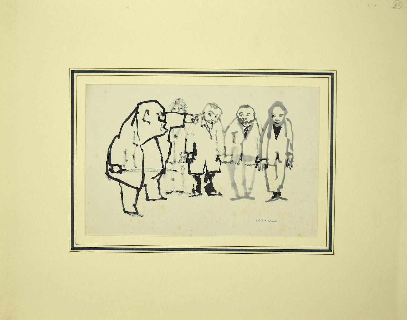 La Orden - Rotulador negro y acuarela sobre papel de Mino Maccari -1960s en venta 1