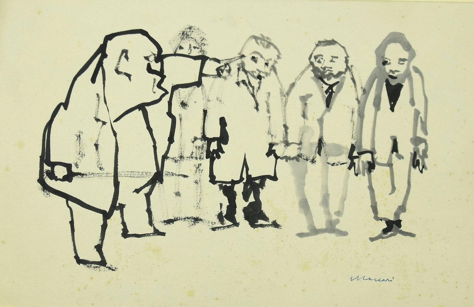 The Order is an original drawing artwork in black marker and watercolor on paper realized by Mino Maccari in the 1960s.

Hand-signed by the artist on the lower right.

Good conditions except for diffused foxings along the margins.

Passepartout