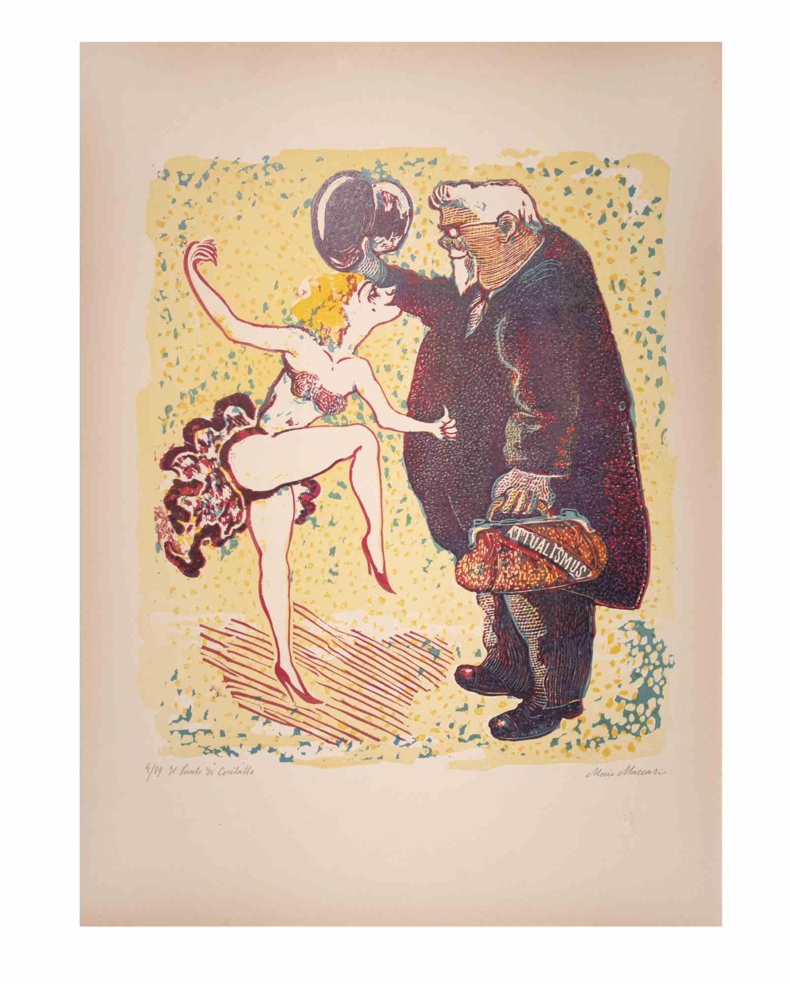 Der Berührungspunkt ist ein Kunstwerk von Mino Maccari (1924-1989) aus der Mitte des 20. Jahrhunderts.

Farbiger Holzschnitt auf Papier. Unten handsigniert, nummeriert 4/89 Exemplare und am linken Rand betitelt.

Gute Bedingungen.

Mino Maccari