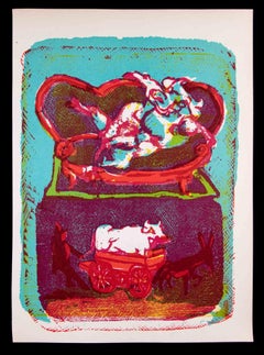 Vintage The Relaxed Cow - Linocut by Mino Maccari - 1951