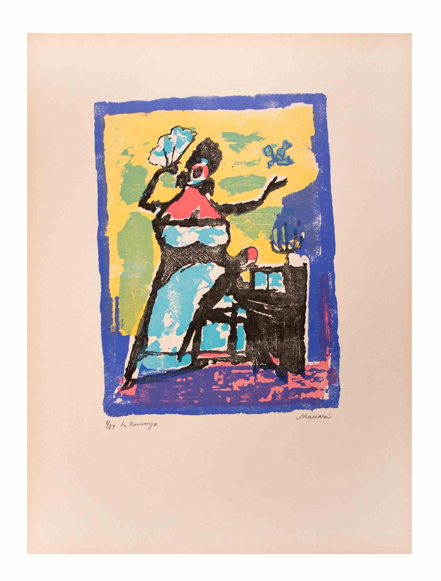 The Romance is an Artwork realized by Mino Maccari  (1924-1989) in the Mid-20th Century.

Colored woodcut on paper. Hand-signed on the lower, numbered 1/89 specimens and titled on the left margin.

Good conditions.

Mino Maccari (Siena, 1924-Rome,