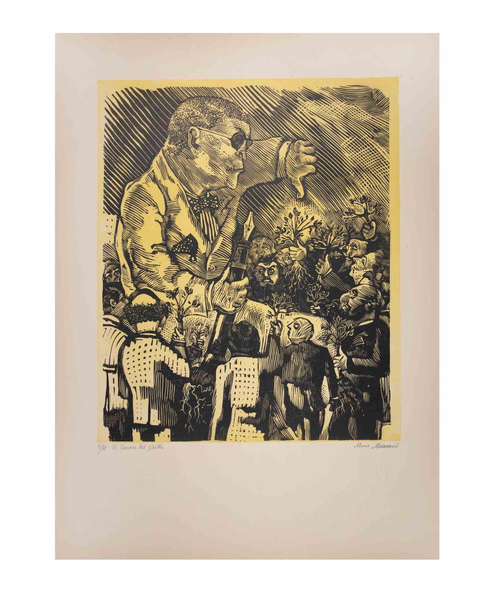 The Terror of the Ghetto is an Artwork realized by Mino Maccari  (1924-1989) in the Mid-20th Century.

Colored woodcut on paper. Hand-signed on the lower, numbered 4/89 specimens and titled on the left margin.

Good conditions.

Mino Maccari (Siena,