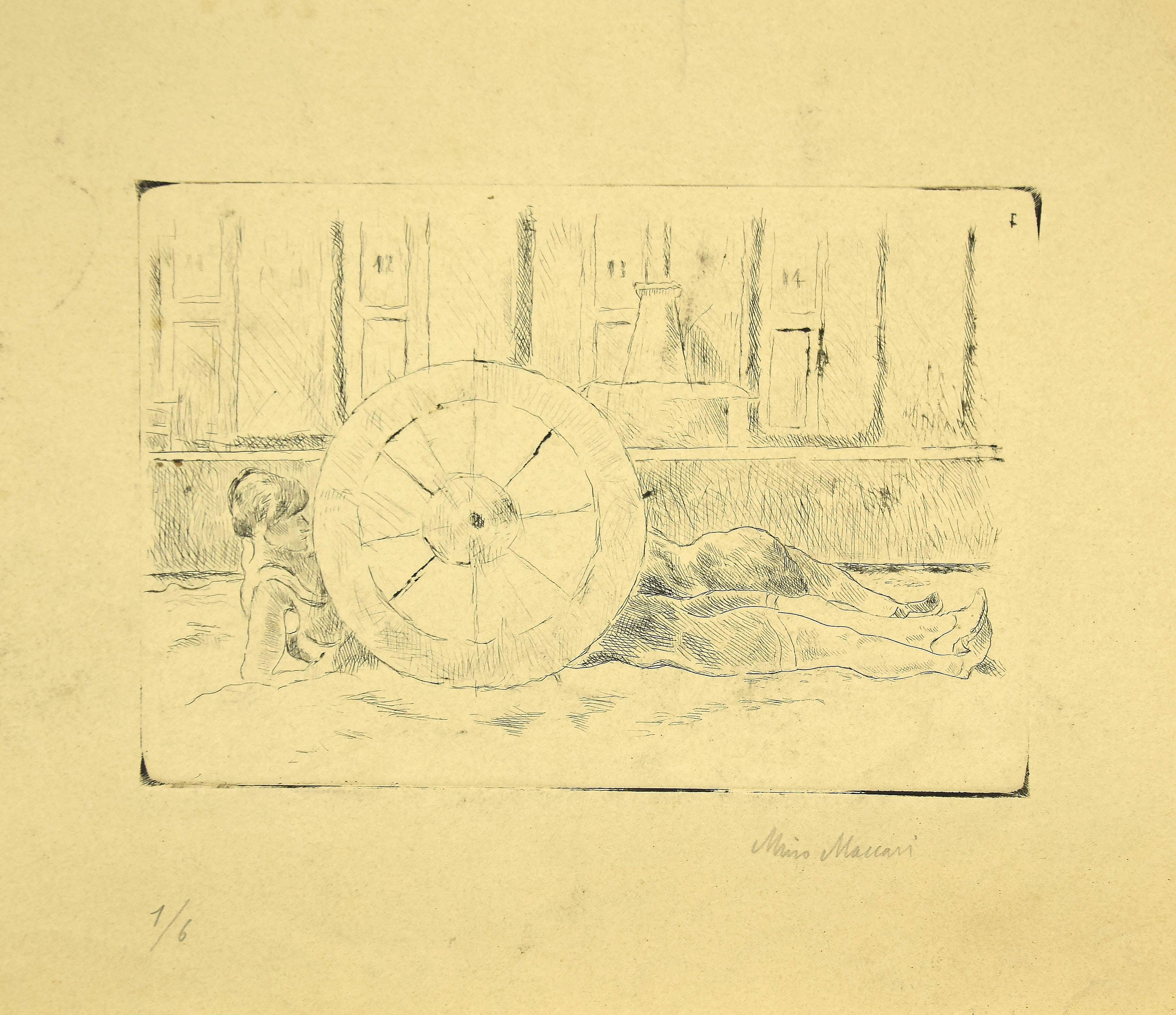La roue est une œuvre d'art moderne originale réalisée dans la première moitié du XXe siècle par l'artiste italien Mino Maccari (Sienne, 1898 - Rome, 1989).

Pointe sèche originale sur papier. Edition de 6 tirages.

Signé à la main au crayon par