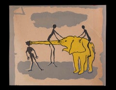 L'éléphant jaune - Linogravure d'origine de Mino Maccari - années 1950