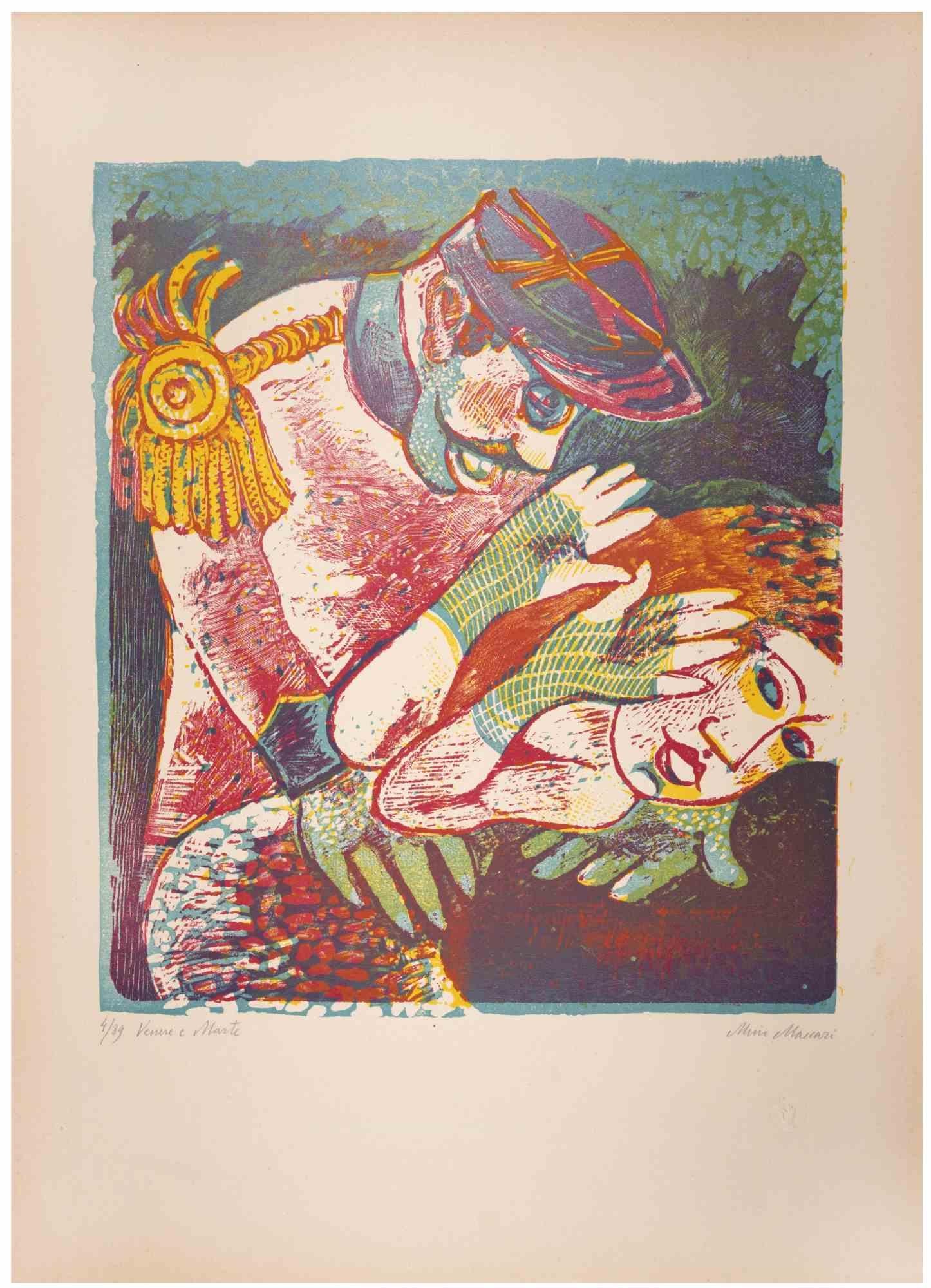 Venus und Mars (Venere e Marte) ist ein Kunstwerk von Mino Maccari (1924-1989) aus dem Jahr 1943.

Farbiger Holzschnitt auf Papier. Unten handsigniert, nummeriert 4/89 Exemplare und am linken Rand betitelt.

Gute Bedingungen.

Mino Maccari (Siena,
