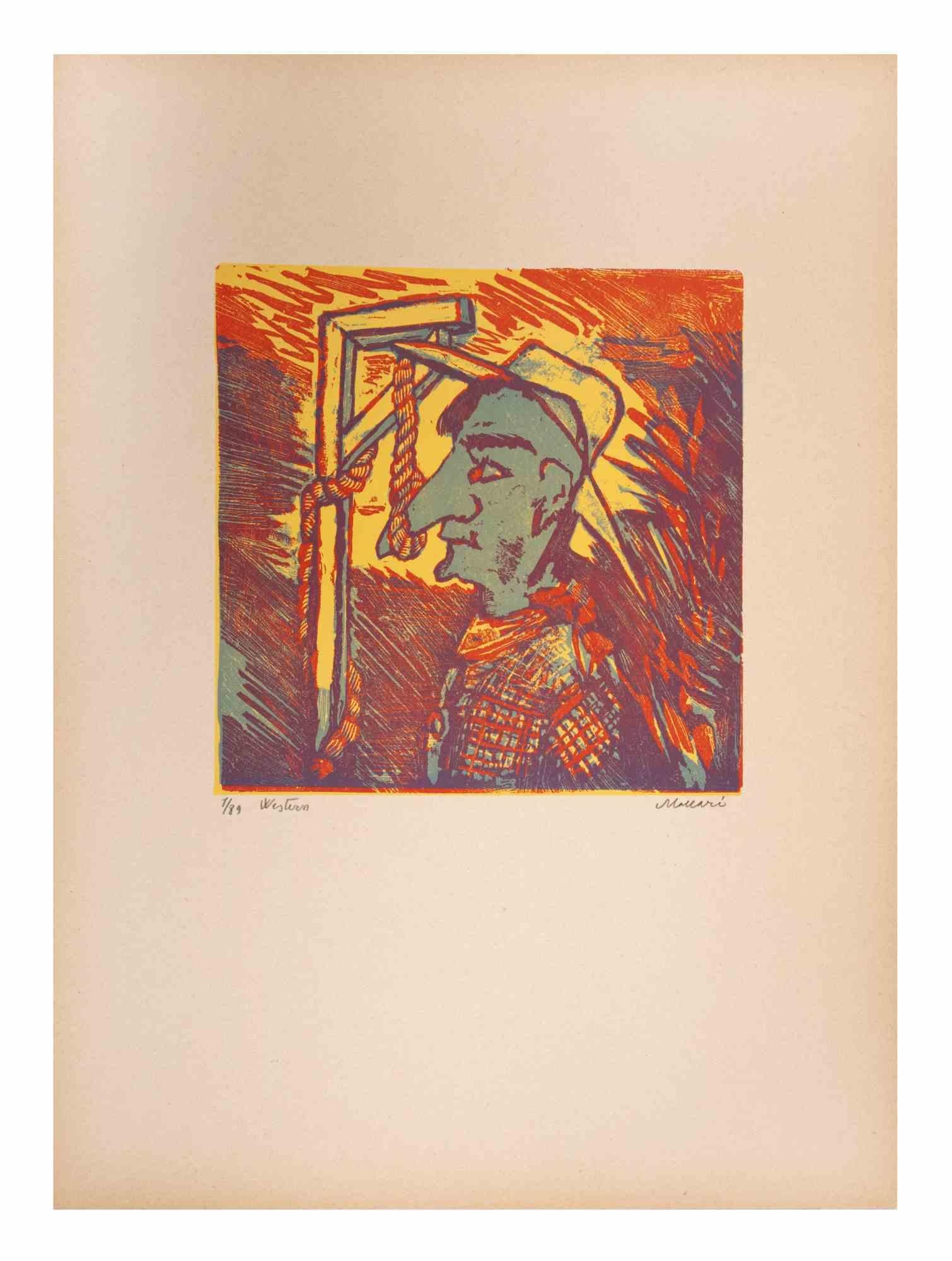 Western is an Artwork realized by Mino Maccari  (1924-1989) in the Mid-20th Century.

Colored woodcut on paper. Hand-signed on the lower, numbered 1/89 specimens and titled on the left margin.

Good conditions.

Mino Maccari (Siena, 1924-Rome, June