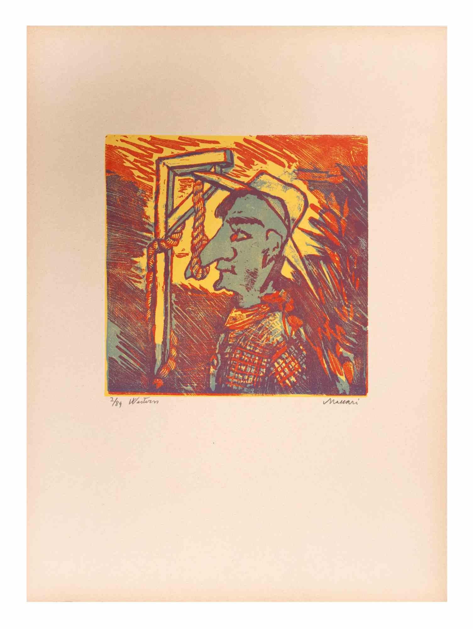 Western is an Artwork realized by Mino Maccari  (1924-1989) in the Mid-20th Century.

Colored woodcut on paper. Hand-signed on the lower, numbered 2/89 specimens and titled on the left margin.

Good conditions.

Mino Maccari (Siena, 1924-Rome, June