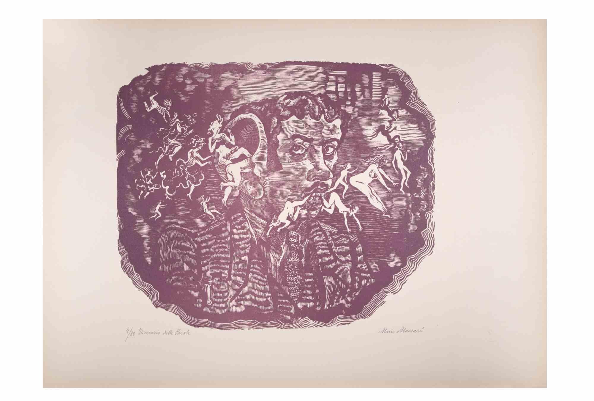 Word itineray is an Artwork realized by Mino Maccari  (1924-1989) in the Mid-20th Century.

Colored woodcut on paper. Hand-signed on the lower, numbered 4/89 specimens and titled on the left margin.

Good conditions.

Mino Maccari (Siena, 1924-Rome,