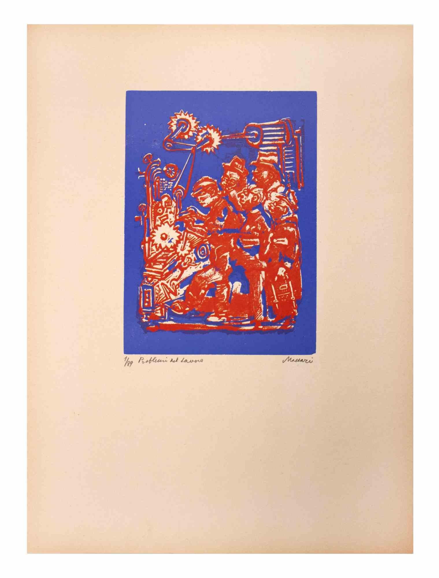 Work problems is an Artwork realized by Mino Maccari  (1924-1989) in the Mid-20th Century.

Colored woodcut on paper. Hand-signed on the lower, numbered 1/89 specimens and titled on the left margin.

Good conditions.

Mino Maccari (Siena, 1924-Rome,