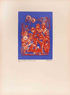 Arbeitsprobleme – Holzschnittdruck von Mino Maccari – Mitte des 20. Jahrhunderts