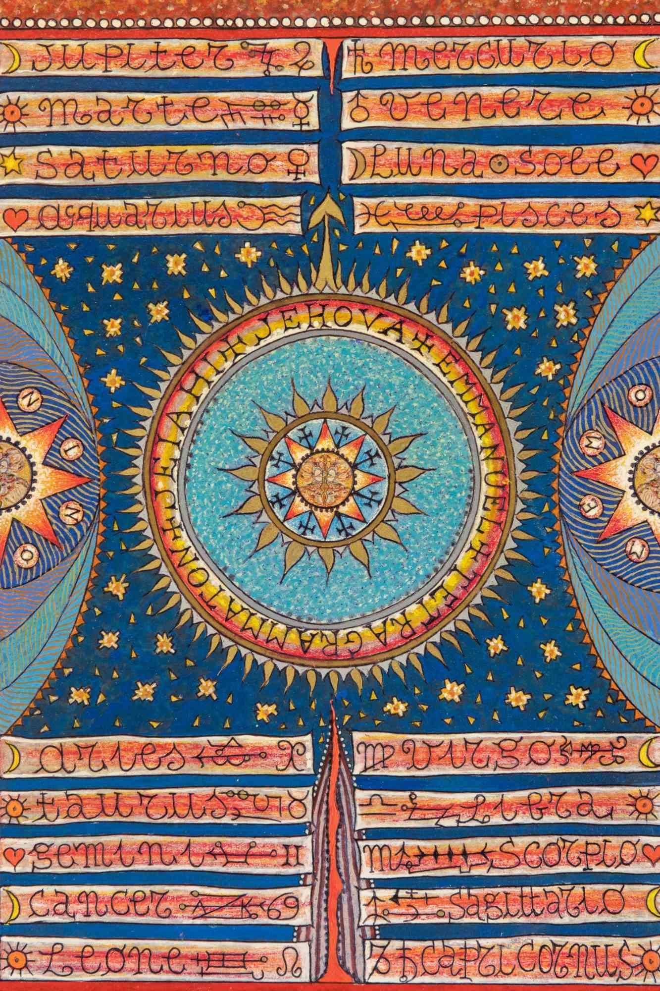 Zodiac Magic Circle - Oil Paint by Mino Meno - 1980s For Sale 2